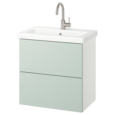 Modern green-grey bathroom vanity with square sink and silver faucet.