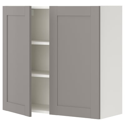 ENHET grey wall cabinet with two shelves. Modern, square shape, grey doors with minimalist panels.
