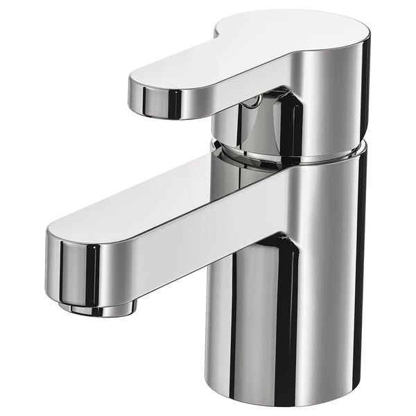 Modern chrome bathroom faucet with sleek curve, metallic body, lever handle.
