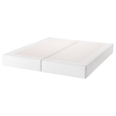 A white ESPEVÄR mattress base, rectangular, with two parts, made of pine and polyester.