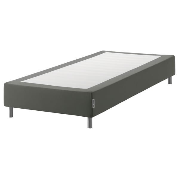 Image shows a grey espevar upholstered bed base with metal legs and a white mattress.