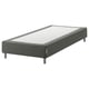 Option: Image shows a grey espevar upholstered bed base with metal legs and a white mattress.