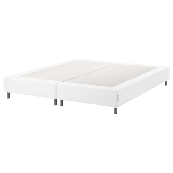 A white ESPEVÄR bed base with smooth upholstery and metallic legs. Raised design for comfort and support.