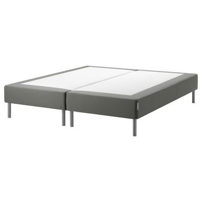 Espevar grey fabric bed base, raised with metal legs, minimalist design.