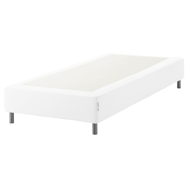 White ESPEVÄR platform bed base with metal legs.