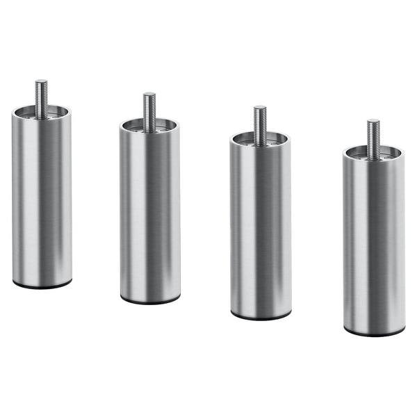 Four cylinder-shaped, metallic stainless steel legs, designed for furniture, shown in a row.