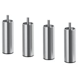 Four cylinder-shaped, metallic stainless steel legs, designed for furniture, shown in a row.