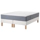 Modern white bed frame with grey mattress, wooden legs, and quilted top.