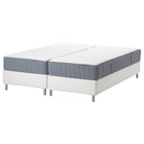 Two split mattresses on a white base, white and gray, rectangular, with metal legs.
