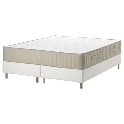 ESPEVÄR/VATNESTRÖM bed: white, rectangular, upholstered in beige, with metal legs. Modern, comfortable design with natural materials.