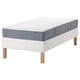 Option: IKEA white mattress with light blue trim on wooden legs with ESPEVÄR/VESTERÖY.