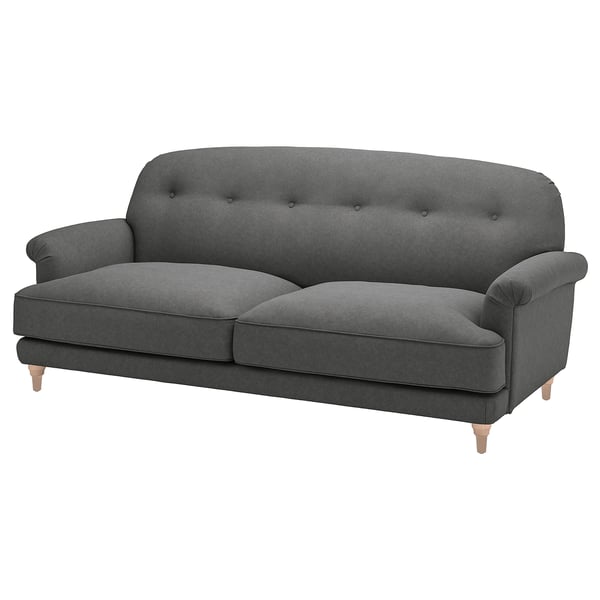 Gray ESSEBODA sofa, modern design with tufted back, rolled arms, and wooden legs.