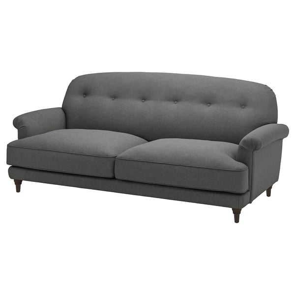 Gray ESSEBODA sofa, tufted back, rolled arms, soft fabric, deep seats, high back, elegant design.