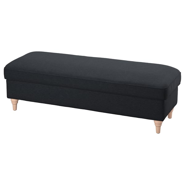 This image shows an ESSEBODA bench in dark gray fabric with wooden legs, offering storage and seating.
