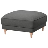 ESSEBODA footstool, dark gray with soft fabric, square shape, four wooden legs.