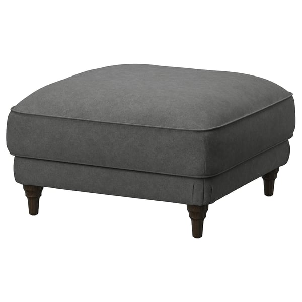 An ESSEBODA footstool in gray with turned wooden legs and a plush, rectangular shape for comfort.