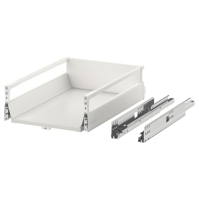 A white EXCEPTIONELL push-to-open drawer with built-in dampers, ideal for minimalist kitchens.
