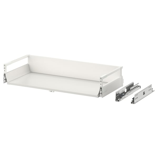 A white, handle-free, push-to-open drawer mechanism with smooth glide runners.