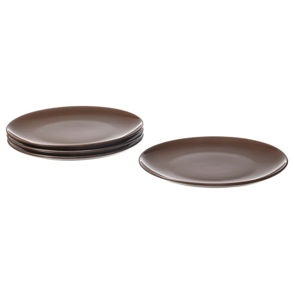 Image shows two sets of brown FÄRGKLAR plates, round with simple design, made of stoneware.