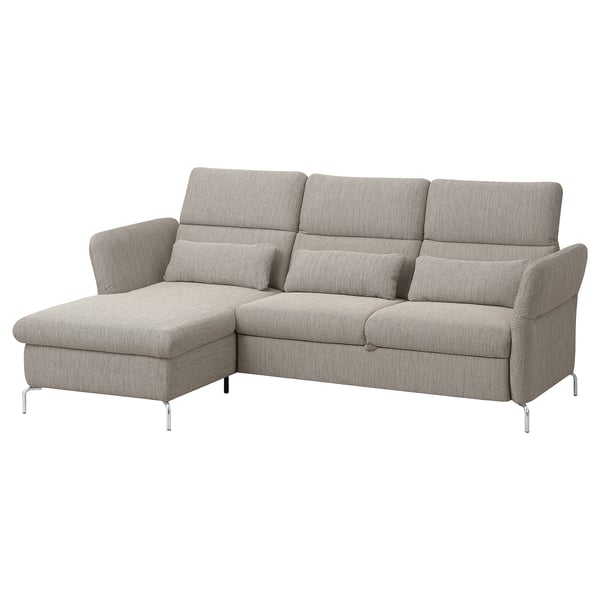 Modern grey FAMMARP corner sofa with adjustable headrests and armrests, cotton/recycled polyester fabric, sturdy metal legs.