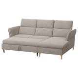 Modern gray fabric sofa with adjustable sections and wooden legs.