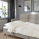 Modern grey fabric sofa with white pillows, wall lamp, large frames, and plant by window.