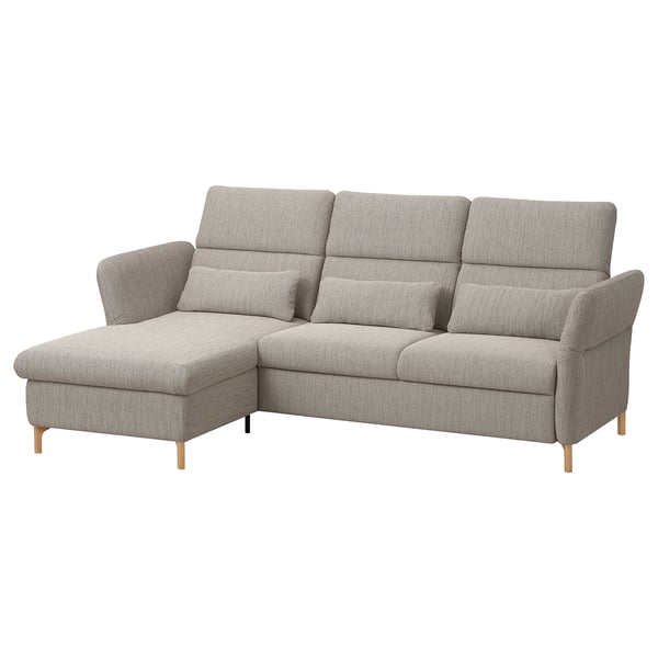 Modern gray l-shaped sofa with adjustable cushions and wooden legs.