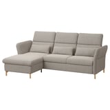 Modern gray l-shaped sofa with adjustable cushions and wooden legs.