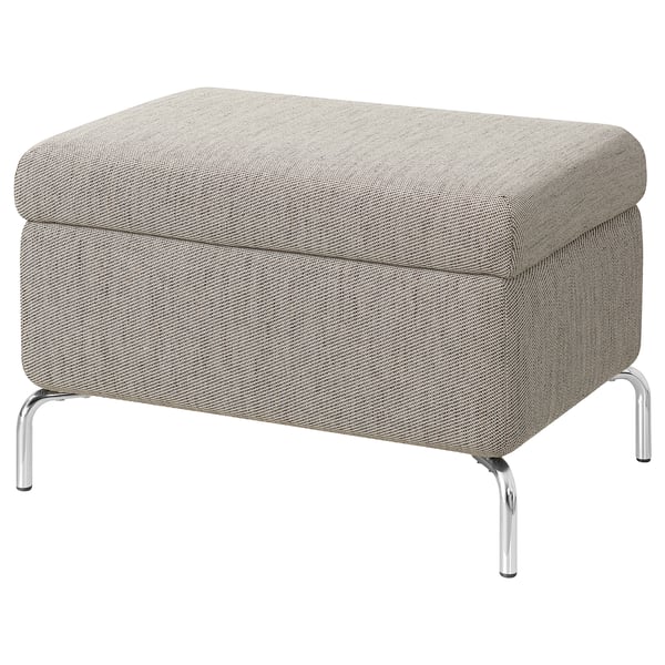 FAMMARP gray footstool, chrome legs. Rectangular, cushioned top, metal frame.