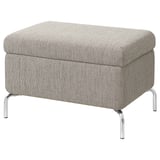 FAMMARP gray footstool, chrome legs. Rectangular, cushioned top, metal frame.