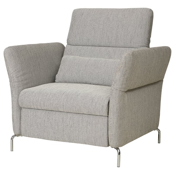 Modern grey FAMMARP armchair, sleek metal legs, adjustable headrest, comfortable cushioning.