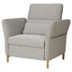 FAMMARP modern armchair, grey tweed fabric, wood legs, adjustable cushion for back support.