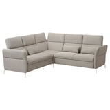 Modern grey l-shaped FAMMARP sofa with adjustable headrests and legs, made from blend fabric.