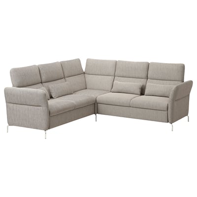 Modern grey l-shaped FAMMARP sofa with adjustable headrests and legs, made from blend fabric.