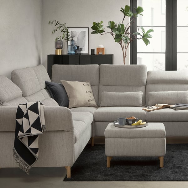 Modern living room with light gray FAMMARP sofa, black rug, and potted plant.