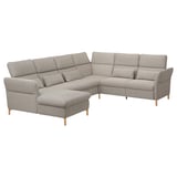 Modern l-shaped FAMMARP sofa, beige with wooden legs, plush cushions, adjustable headrests.