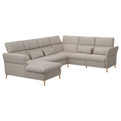 Modern l-shaped FAMMARP sofa, beige with wooden legs, plush cushions, adjustable headrests.