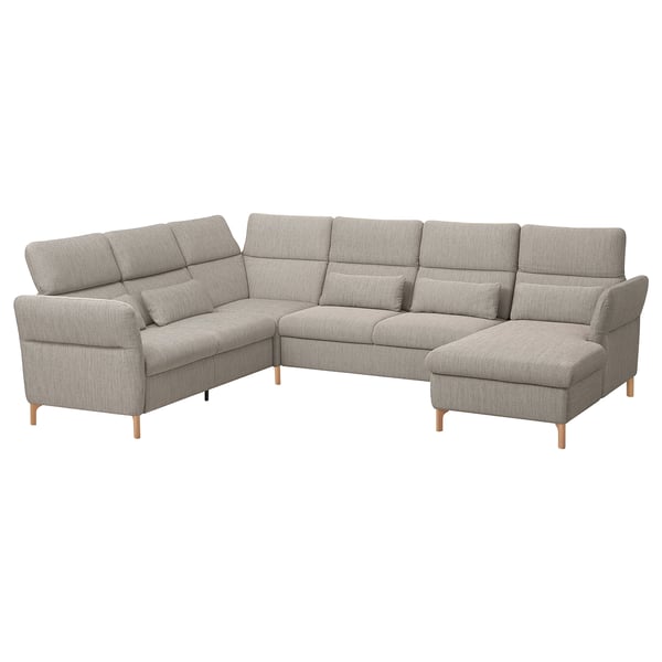Modern gray sectional sofa, l-shaped, wooden legs, plush cushions, adjustable.