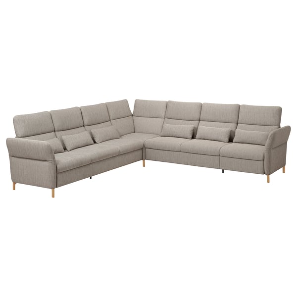A FAMMARP sectional sofa in neutral beige with wooden legs, featuring adjustable headrests and lumbar support for comfort.