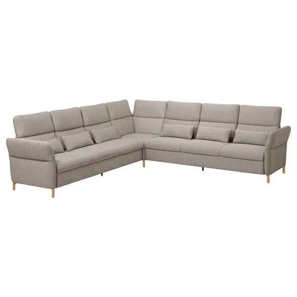 Modern gray l-shaped FAMMARP sofa with adjustable cushions and wooden legs.