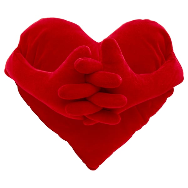 Red heart-shaped pillow with layered, intertwined design; soft, plush fabric.