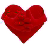 Red heart-shaped pillow with layered, intertwined design; soft, plush fabric.