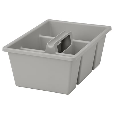 A gray, rectangular FÅNGGRÖDA drawer organizer made of recycled polypropylene plastic. It four compartments and a handle for easy carrying.
