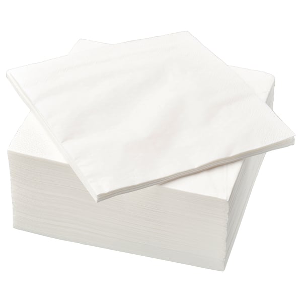Stack of white FANTASTISK napkins, rectangular shape, plain design. Made of soft, absorbent paper.