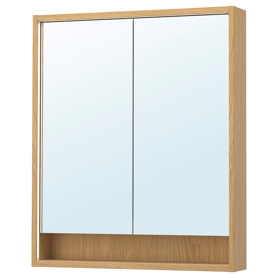 FAXÄLVEN mirror w builtin lighting, oak effect, 80x15x95 cm
