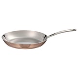 FINMAT copper frying pan: elegant, round, shiny inside, stainless steel handle, ideal for various hobs.