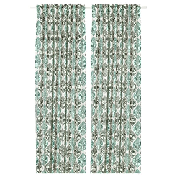 FJÄDERKLINT Curtains, 1 pair, white/green, 145x300 cm