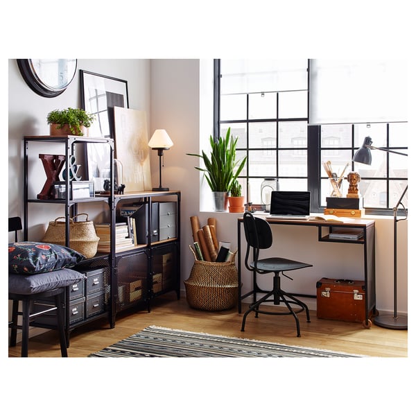 Home office setup with FJÄLLBO desk, black, metal and wood, industrial design.
