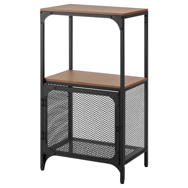 The FJÄLLBO rustic shelving unit, featuring a black metal frame with an open mesh back and two wooden shelves.
