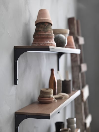 FJÄLLBO rustic wall shelf, natural wood & black metal, rectangular.